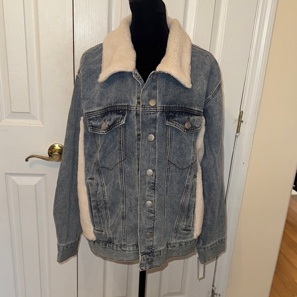 Madden Girl Blue Denim Jacket with Cream Sherpa Lining